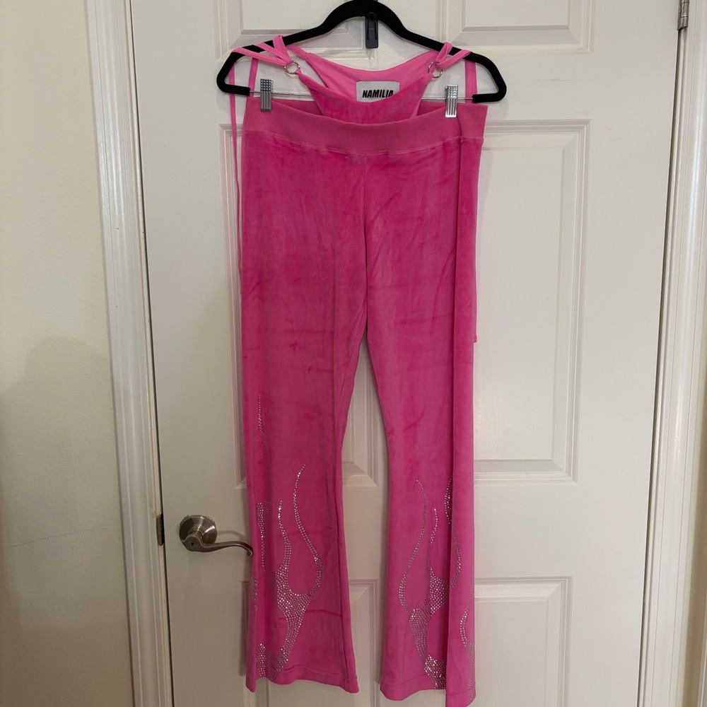 Namilia Pink Velour Rhinestone Flame Bodysuit and Flare Pants Tracksuit Set